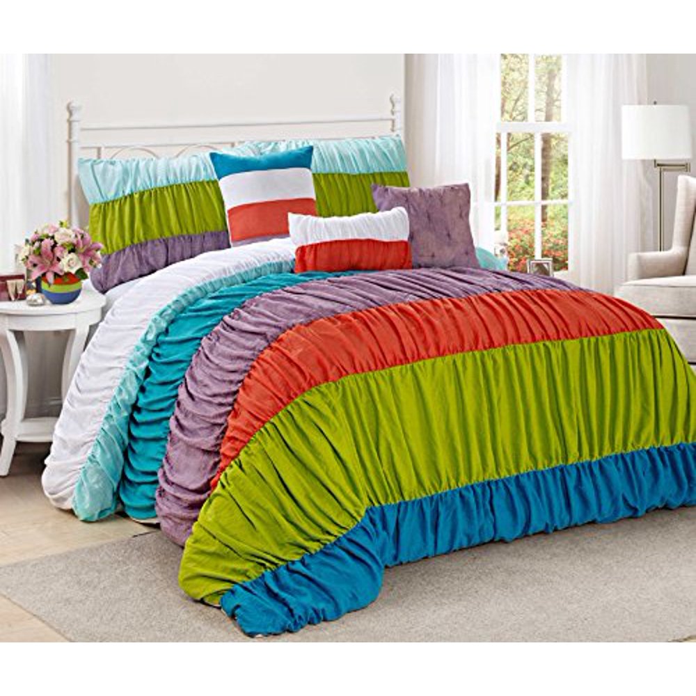 7 Piece CELENE colorful stripe ruffled Clearance bedding Comforter Set