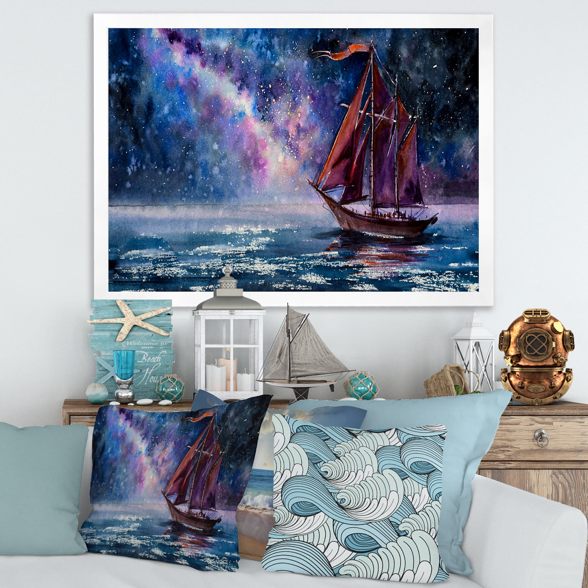 Designart 'Red Sails & Bright Night Sky With Wooden Sailboat' Nautical & Coastal Framed Art Print
