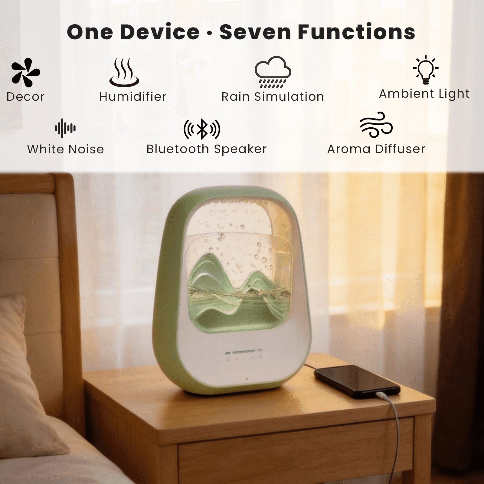 Rain Drop White Noise Machine with Humidifier, Bluetooth Speaker & Aroma Diffuser, 7-Color Mood Light and Nature Sounds for Bedroom, Office & Meditation, Mint Green