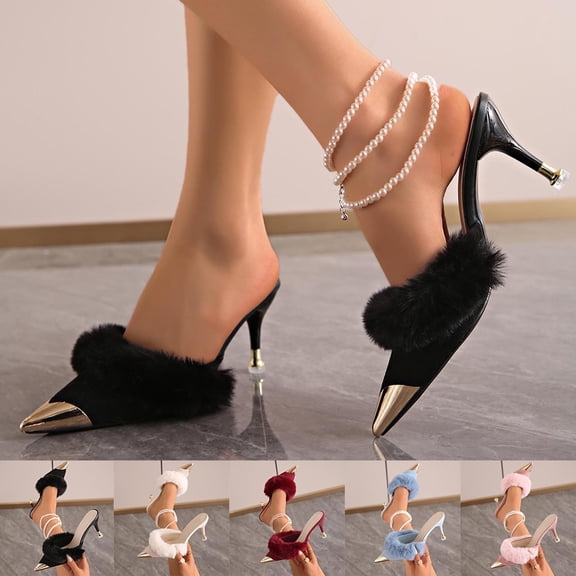 Women's Wide Width Stiletto Heel Mules, Faux Fur Trim Pointed Toe Slide Sandals, Velvet Slip-On Dress Shoes for All Seasons, Multi-Color