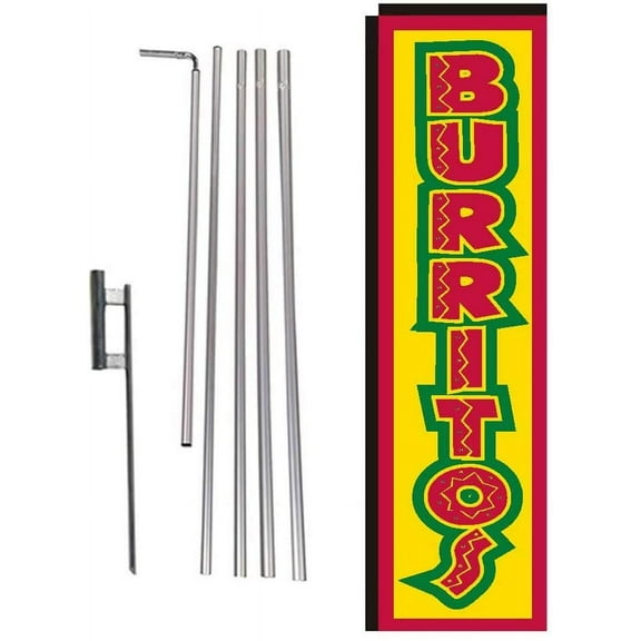 Burritos Mexican Food Rectangle Feather Banner Flag with Pole Kit and Ground Spike for Restaurants, Markets, Business Owners