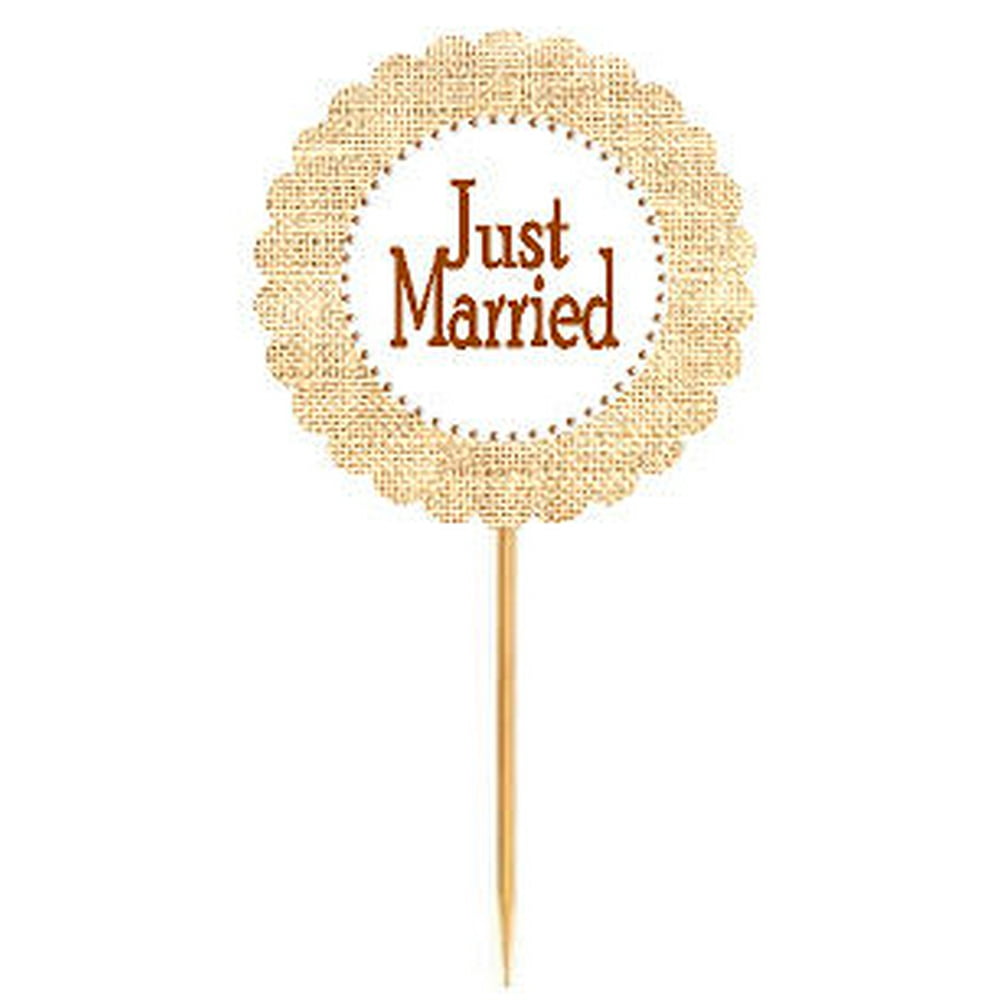 Just Married White/Brown Rustic Burlap Wedding Cupcake Decoration Topper Food Picks Walmart