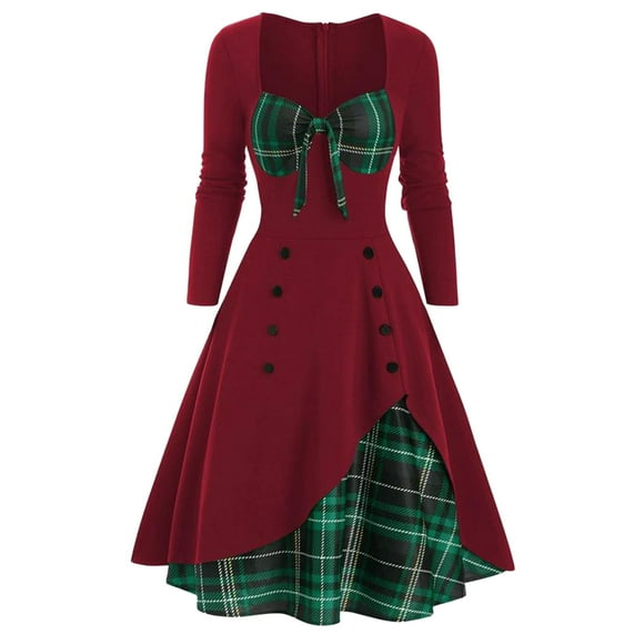 Kcodviy Women Vintage Casual Plaid Casual Dresses Knee Length for Women Print Gothic Dress Waist Casual Summer Clothes for Women Contrast Splicing Double Breasted Swing Dress