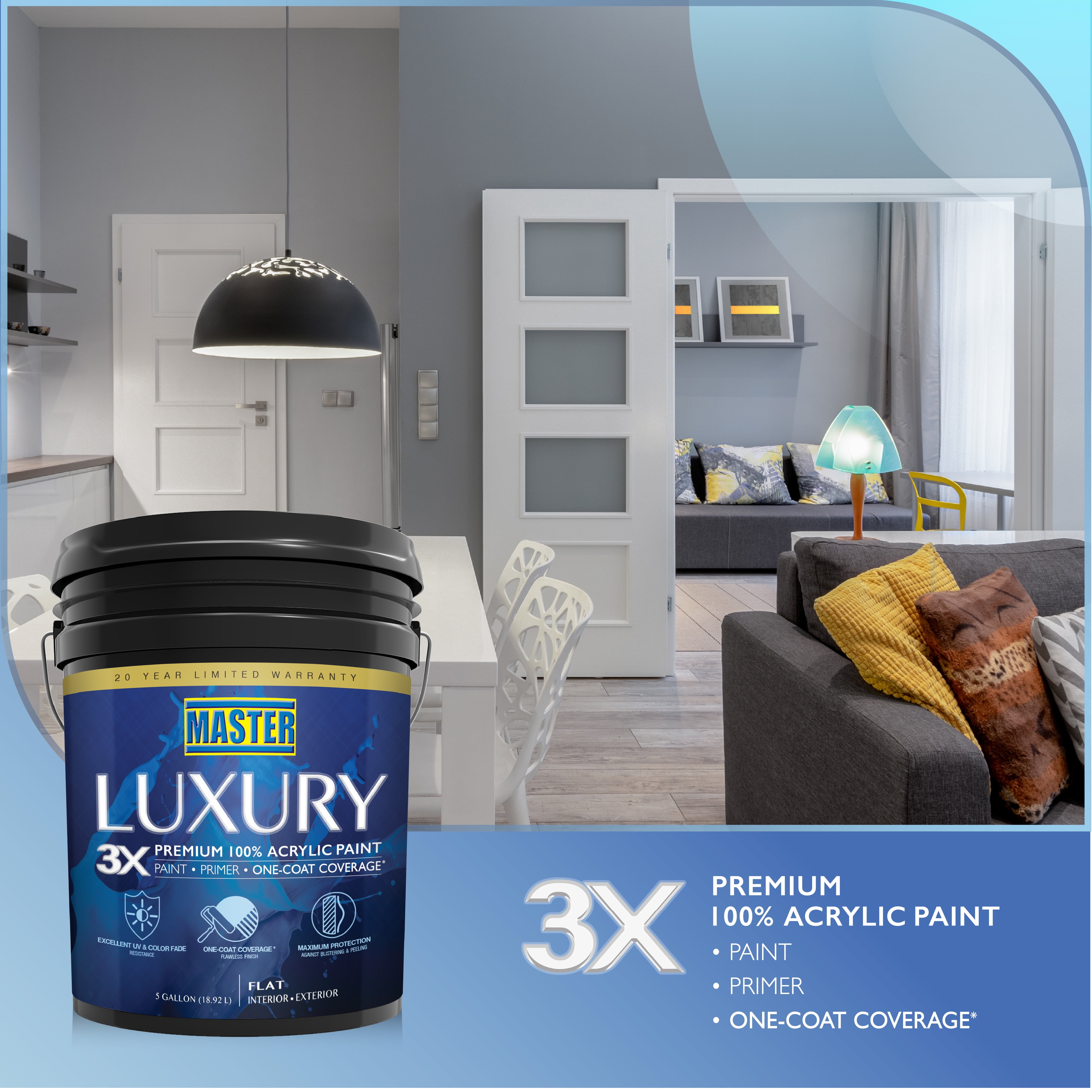 Master Luxury 3X Premium 100% Acrylic Paint-Primer-One Coat Coverage Flat Medium Tone Base 5 Gl