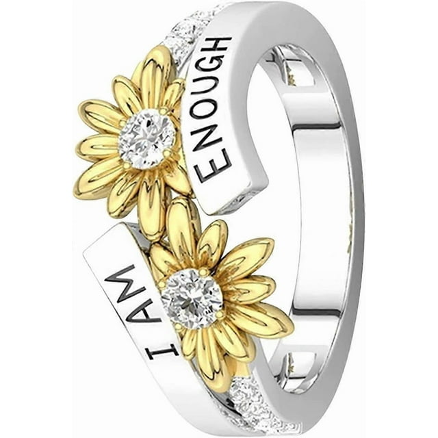 Sunflower Rings for Women - I Am Enough Letters Carving Flower Promise Rings Jewelry Accessory Gifts Size 5-11 (Yellow, 8)