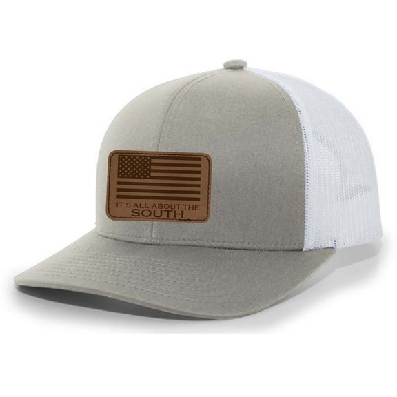 It's All About The South Patriotic American Flag Laser Engraved Leather Patch Trucker Hat Baseball Cap
