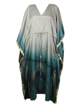 Mogul Women Maxi Kaftan Dresses, MATERNITY LOOSE Boho Goddess, Teal Blue Gray Printed Kaftan, Beach Cover Up Dresses 2XL