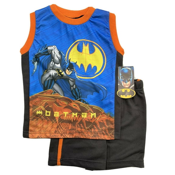 BATMAN BOYS OUTFIT - BLUE ORANGE SZ 12 MONTHS - SHIRT SHORTS SET 2 PCS
