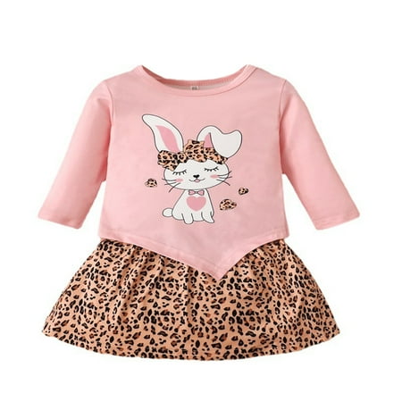 

Toddler Girls Winter Easter Long Sleeve Bunny Printed Tops Leopard Printed Skirt Suit Outfits