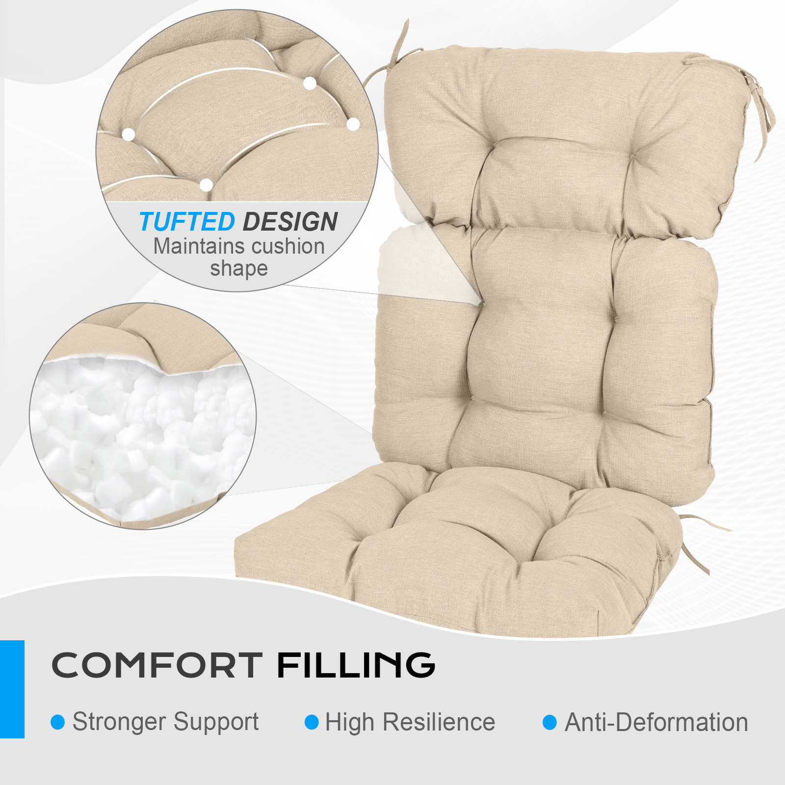 Aoodor Outdoor 45"x 22" x5" Tufted High Back Cushions Patio Replacement Chair Cushion with Ties, Water and Fade Resistant for All Weather (Khaki, Set of 2）