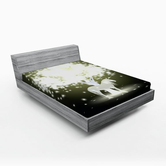 Magic Fitted Sheet, Unicorn Horse Under Mystic Tree with Human Fantasy Artwork Design, Soft Decorative Fabric Bedding, Full Size, Yellow Hunter Grey, by Ambesonne