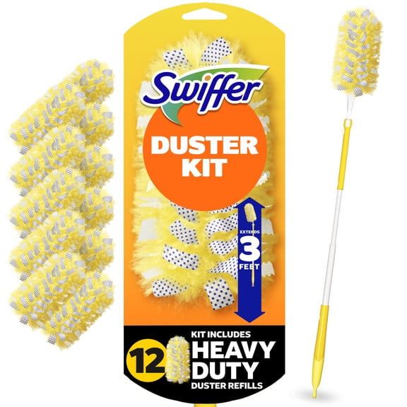 Swiffer Duster Kit with 3 ft Extendable Handle, Heavy Duty Starter Kit with 12 Refills