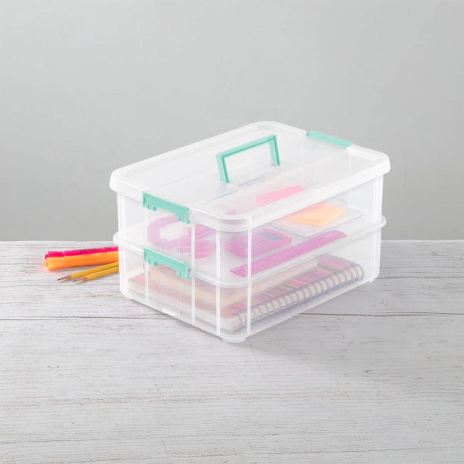 4-Pack Stack & Carry, 2 Layer Handle Box for Home & Office Storage - Clear Base & Lid with Color Latches, Organizer for Art & Craft Supplies, Sewing Tools or 8.5" x 11" Paper