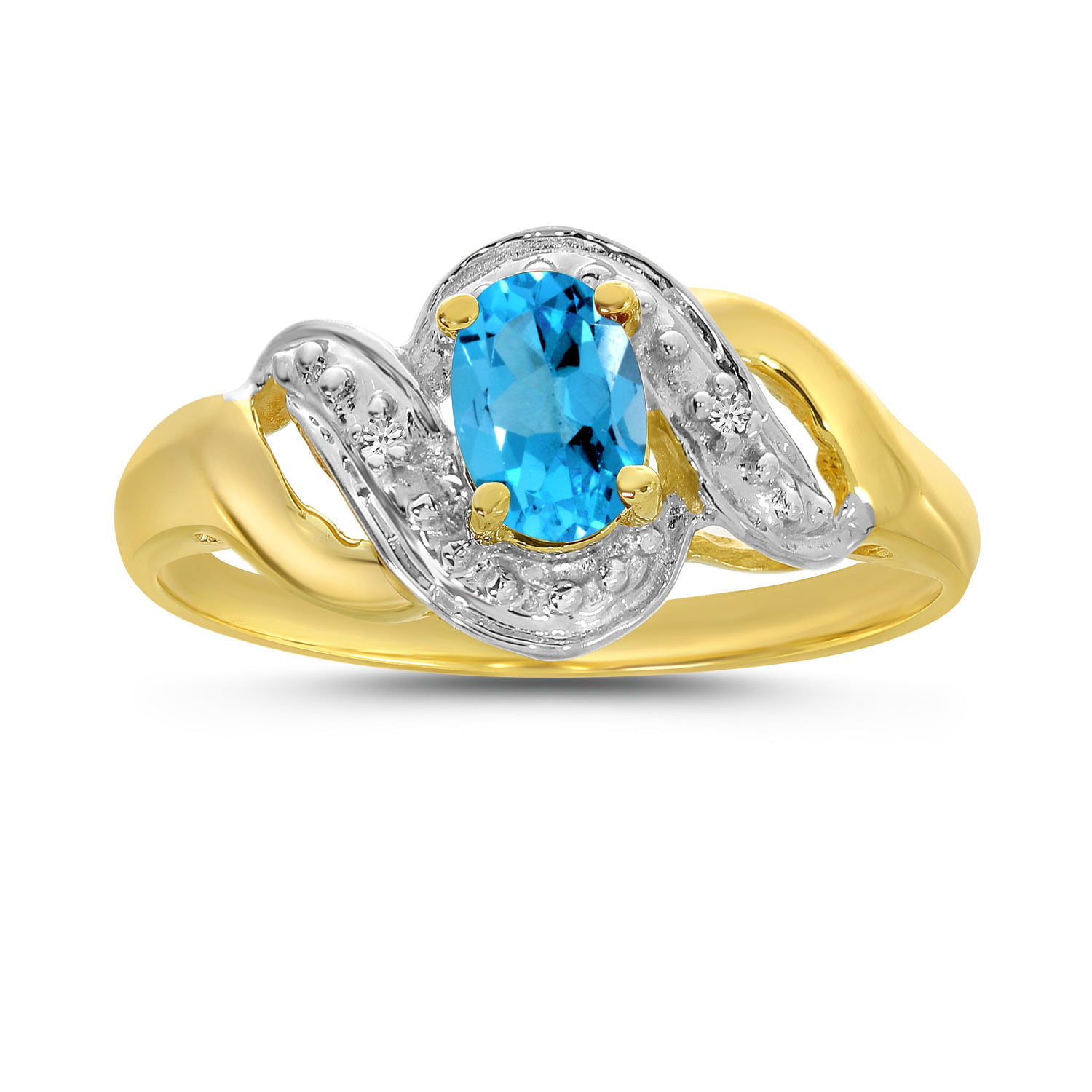 14k Yellow Gold Oval Blue Topaz And Diamond Swirl Ring