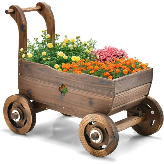 ZOPan Wagon Flower Planter Cart, 4-Wheel Wood Garden Wagon Decor with 2 Drainage Holes, Movable Flowerpot Holder Stand, Indoor Outdoor Raised Plant Bed