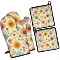 Pioneer Flower Kitchen Oven Mitt and Pot Holder Sets 4 Pcs for Baking, Cooking and Grilling, Heat Resistant Up To 392 °F