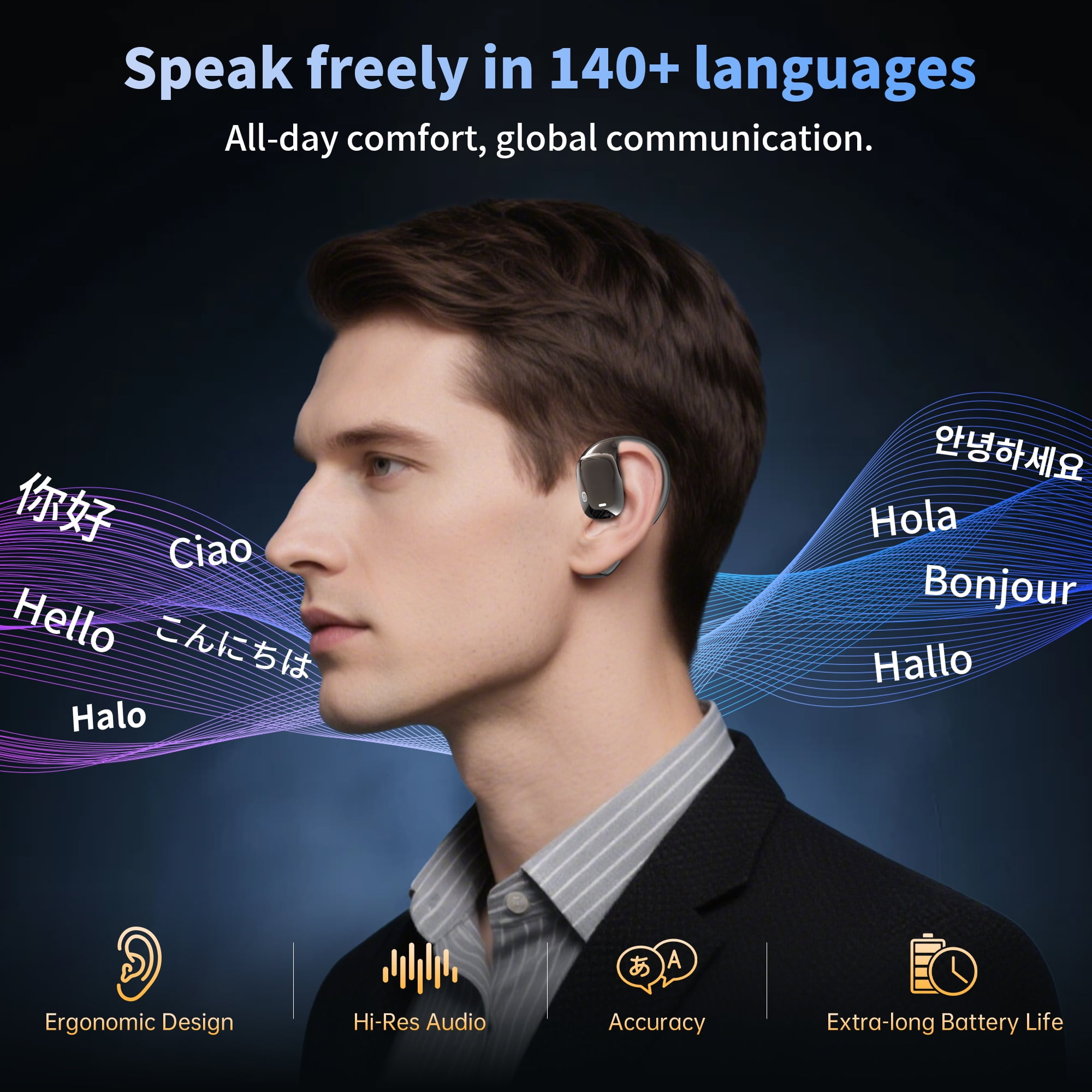 AI Language Translation Earbuds, 3-in-1 Real-Time Translator Earbuds for 144 Languages, Wireless Bluetooth Headphones Translator Device with App for iOS and Android, Ideal for Travel, Business Gifts