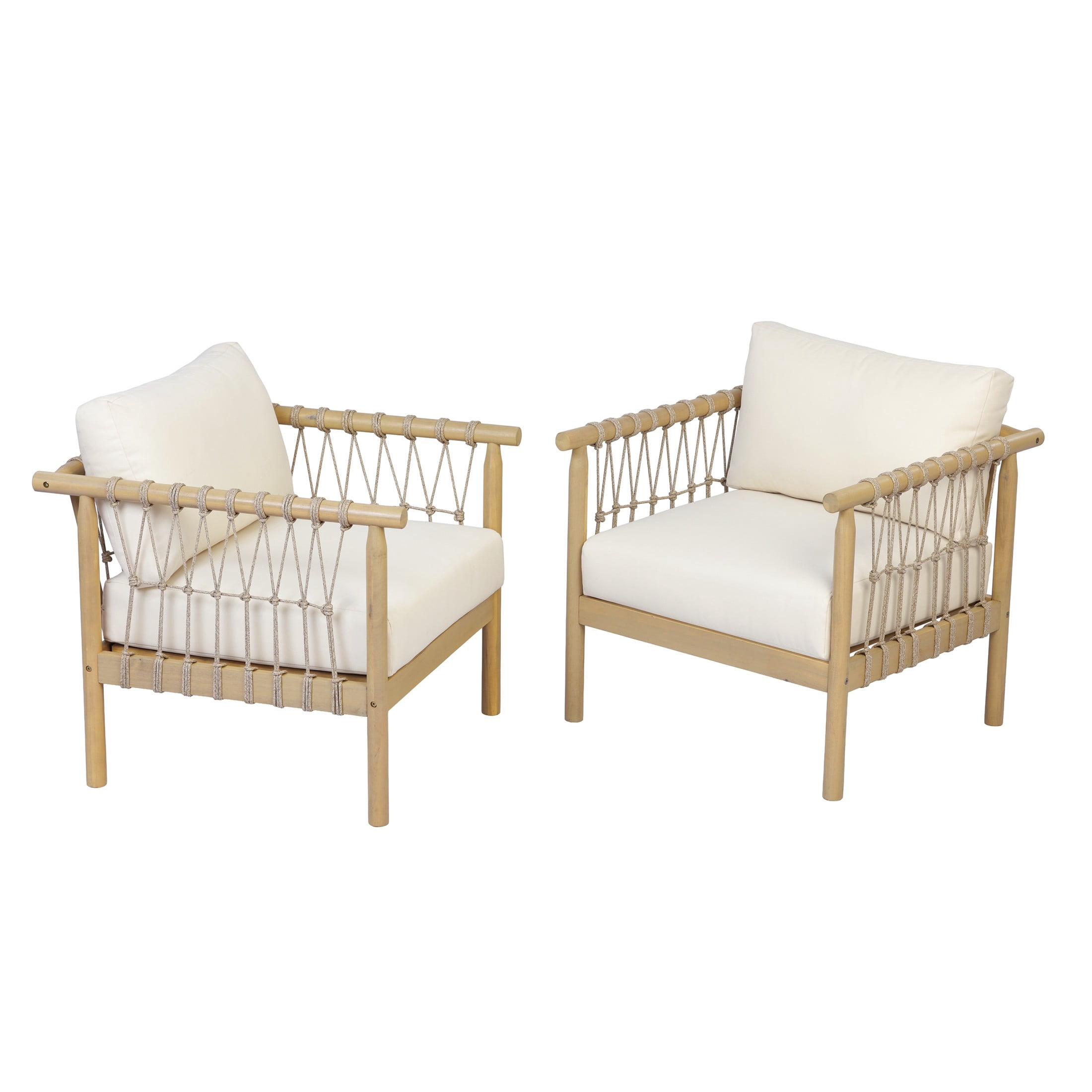 Christopher Knight Home Patio Acacia Wood Club Chair with Rope Accents and Cream Cushions, Light Teak, Set of 2