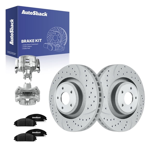 AutoShack Front Brake Rotors, Ceramic Pads & Calipers for Chrysler, 200 2013-2014, FWD L4 2.4L V6 3.6L - Coated Drilled & Slotted - Silver Matte Finish - TurboGuard - 13.39" (340 mm), 5-Lug