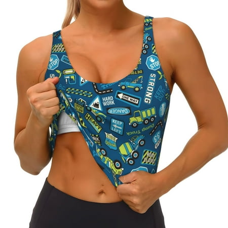 Qokaie Machinery Road Construction Pattern Womens Scoop Neck Sports Bra Breathable Workout Vest Padded U Back Medium Impact Fitness Gym Yoga Bra Workout Crop Top