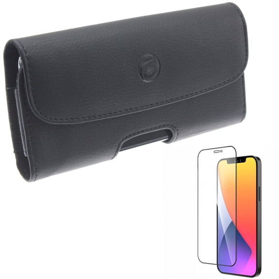 Case Belt Clip & Screen Protector for iPhone 12 Pro Max - Combo with Leather Holster Cover Loops & Anti-Glare Tempered Glass Matte 3D