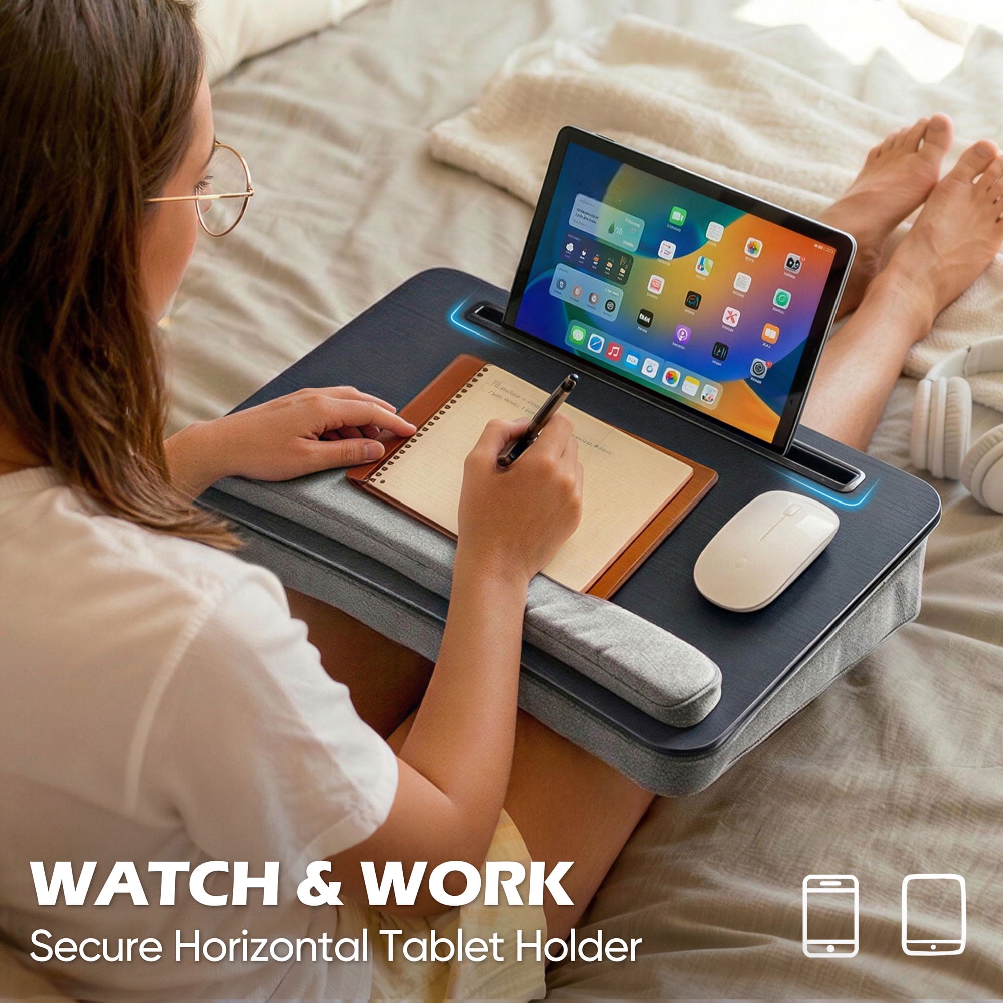 Coliware Lap Desk with Pillow Cushion, Portable Laptop Desk with Anti-Slip Strip Wrist Rest & Storage Function Fits Up to 15.6” Laptops, Laptop Stand for Home Office, Black Book Tablet