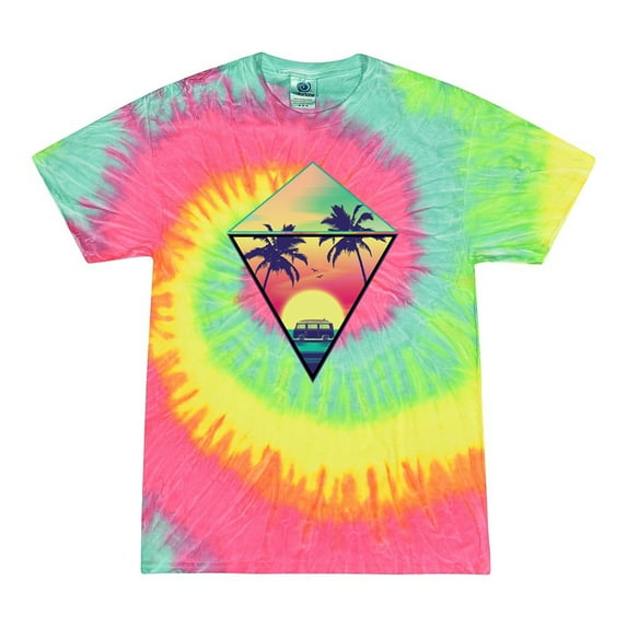 Wild Bobby, Surfing Van at the Beach Sunset Paradise, Streetwear, Tie-Dye Tees, Minty Rainbow, X-Large