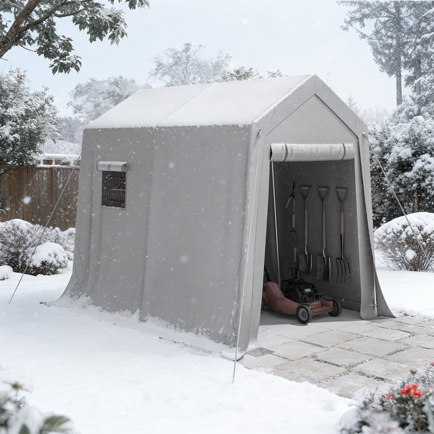 Sunmthink 6x8 FT Outdoor Carport Shed, Portable Storage Sheds with Roll-Up Door & Window, Motorcycle Shelter with Galvanized Steel Frame & Durable Tarp Cover for Bike, Lawn Equipment