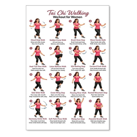 Tai Chi Walking Workout Poster, Canvas Wellness Exercise Chart Balance Mindful Movement Wall Art for Home Office Decor