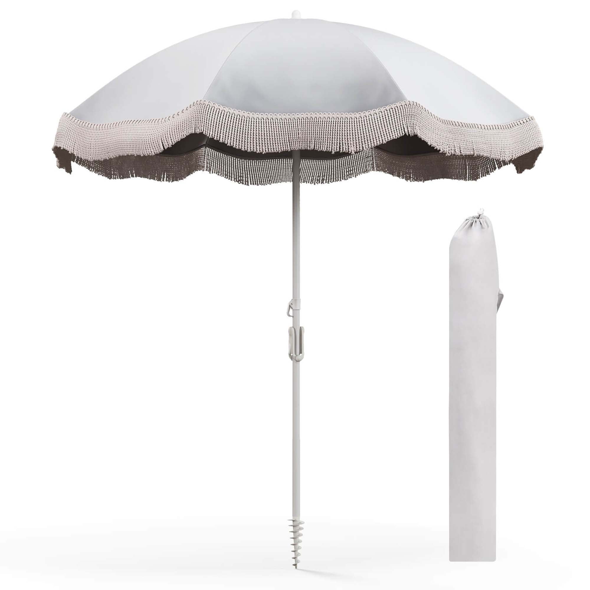 Goplus 6.5 FT Outdoor Fringe Patio Umbrella with Carrying Bag Push Button Tilt for Garden White