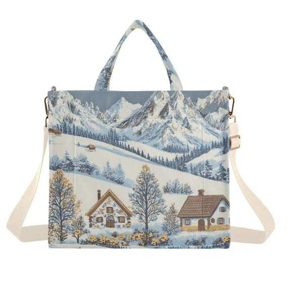 FORMRS Womens Corduroy Tote Bag Crossbody Shoulder Handbag with Pocket, Blue Snowy Mountain