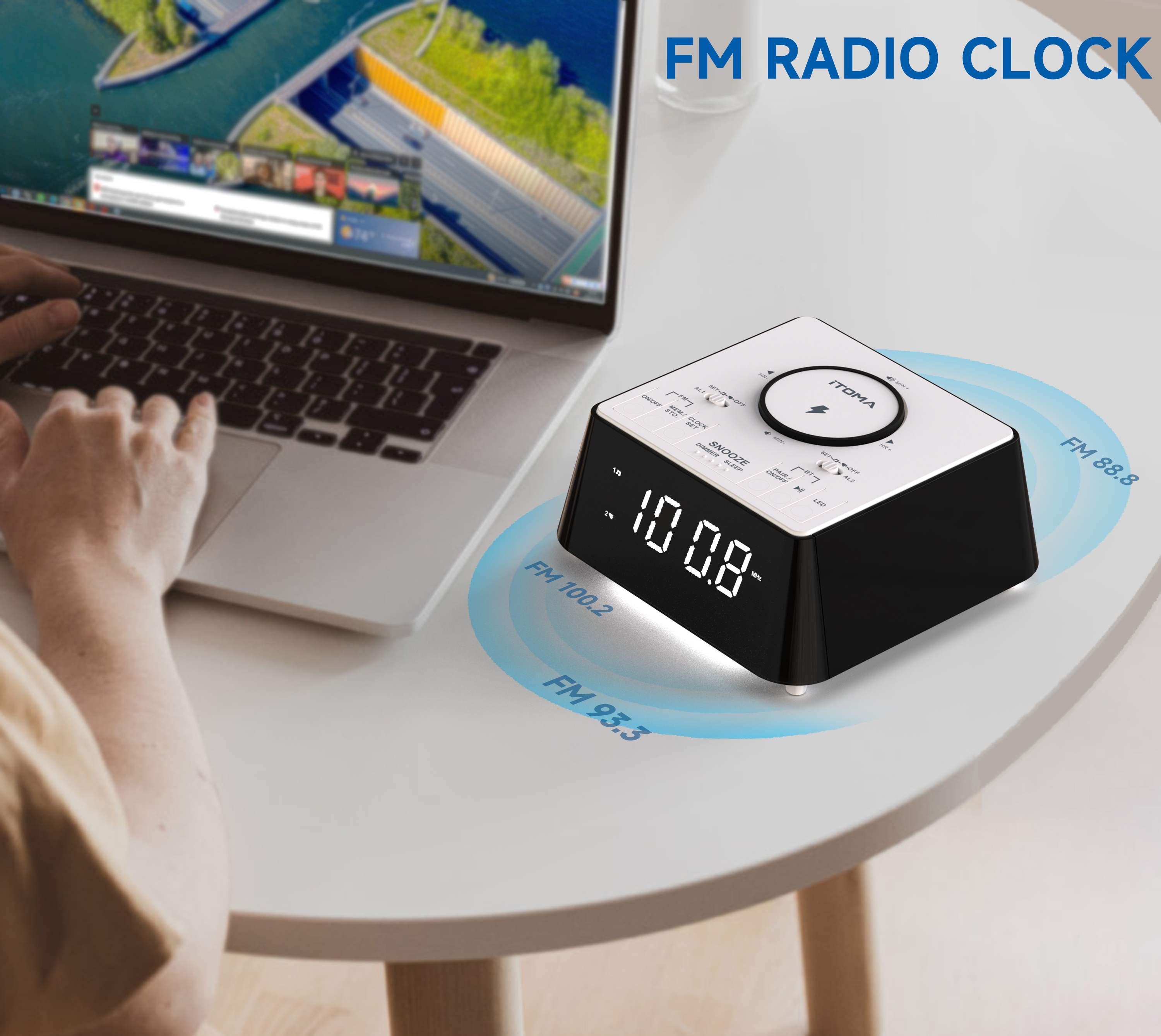 Alarm Clock with Wireless Charging, Clock Radio with Bluetooth Speaker, Dual Alarm with Snooze, USB Charging, Night Light and Dimmable Display iTOMA