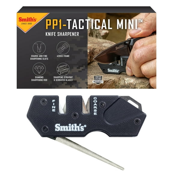 Smith’s Pocket Pal Mini Tactical Knife Sharpener - Black - 2 Stage Sharpener & Diamond Sharpening Rod - Outdoor Hunting Knife & Hook Sharpener - Compact, Durable, & Lightweight