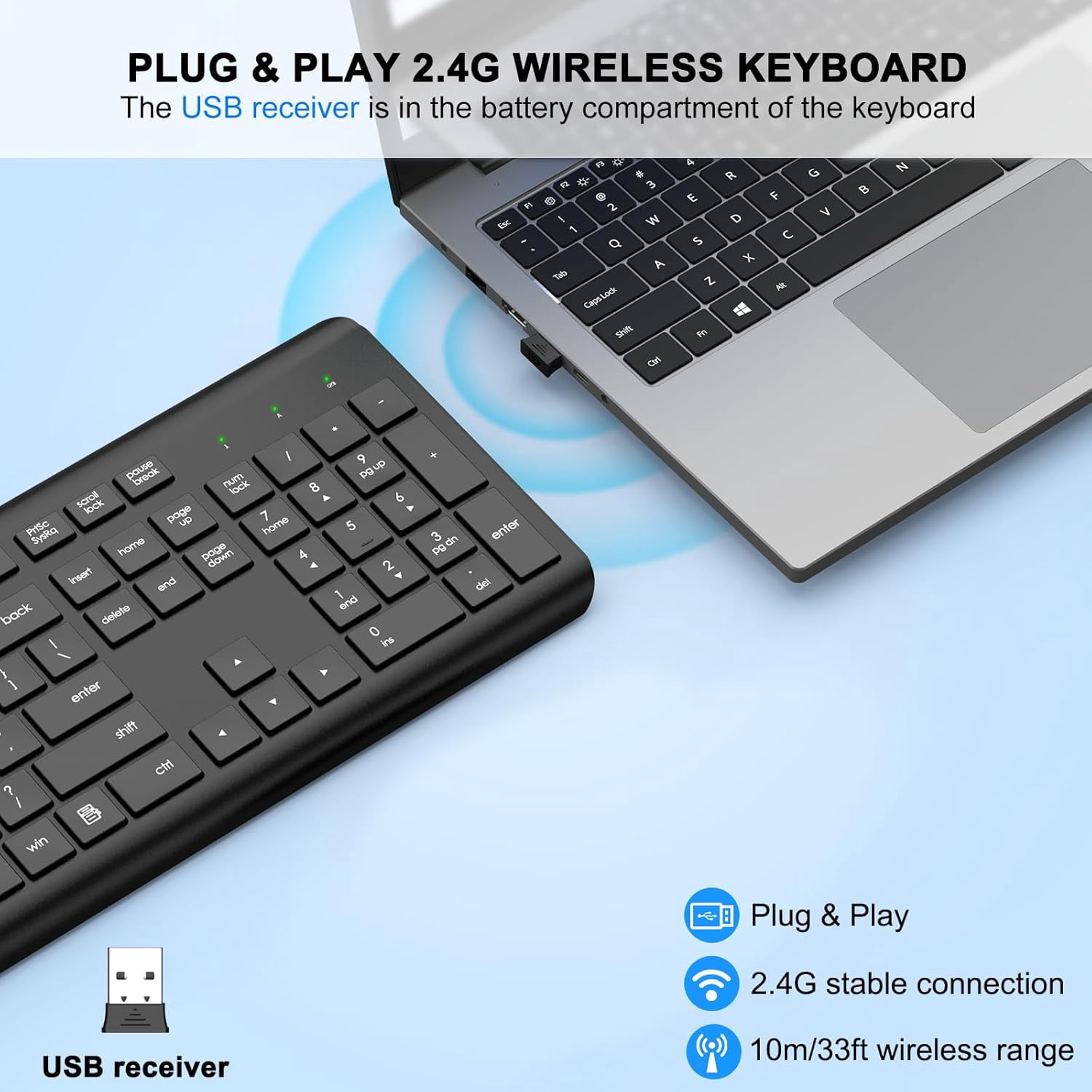 Wireless Keyboard, 2.4G Full-Sized Cordless USB Silent Computer Ergonomic Tilt Angle, Sleep Mode, Long Battery Life, for Windows, Mac OS Laptop/PC/Desktop/Notebook