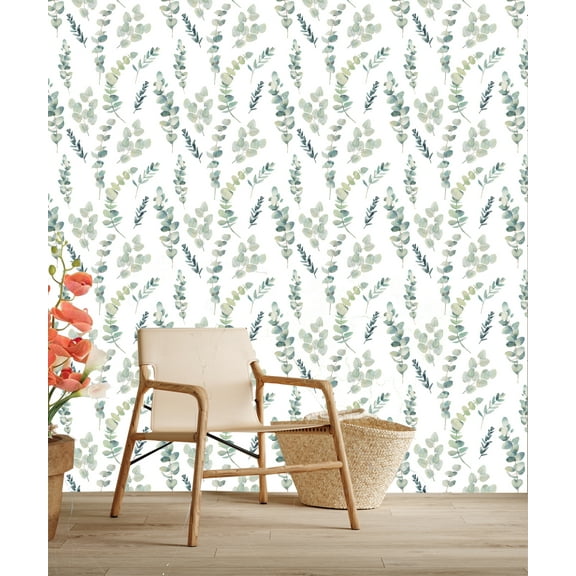 MuralsPrint Watercolor Eucalyptus Peel and Stick Wallpaper, Green and White Removable Wallpaper, 10' L x 24'' W