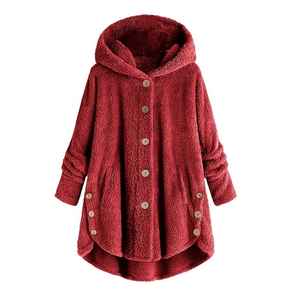 Jalioing Fall Winter Loungewear Coats for Women Double-Faced Fleece Hooded Button Warmth Cozy Outfits (X-Large, Red)