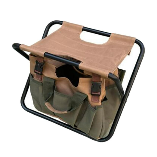 Tabouret Pliant avec Sacs à Outils, Tabouret de Camping Pliant, Pochette de Rangement pour Outils, Randonnée Brun