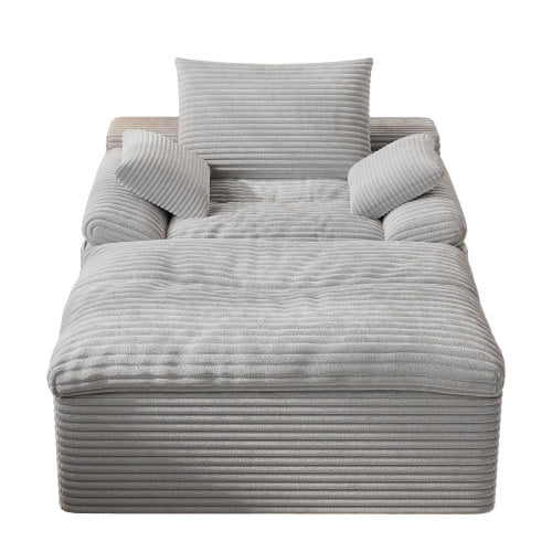Leumius Oversized Chaise Lounge Chair Indoor,Corduroy Upholstered Sofa Bed with Deep Seat,Cozy Lounge Chair Sleeper Sofa for Living Room,Bedroom,No Assembly Required,Light Gray
