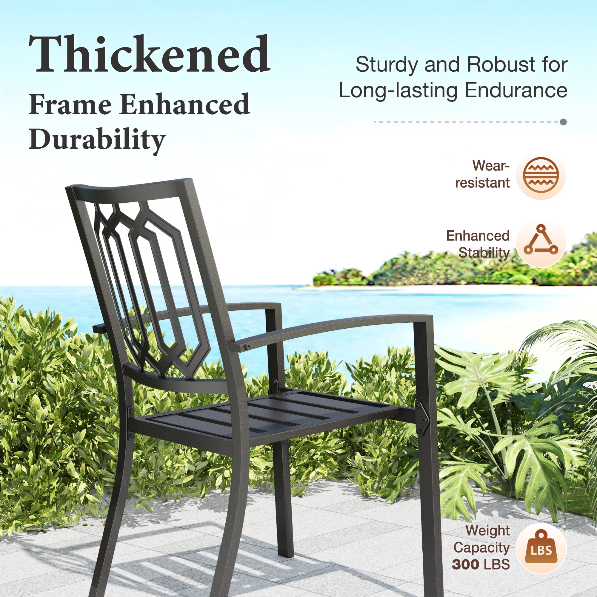 MF Studio Set of 2 Outdoor Patio Dining Stackable Chairs,All-Weather Steel Frame, Geometric Back, Black