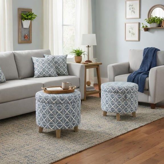 Upholstered Round Storage Ottoman with Flared for Living Room Bedroom, Navy Blue Geometric Pattern Large