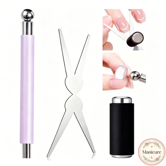 Cat Eye Nail Magnet Tool Set, Double Head Scissors‑Shaped Magnetic Plate, Cylindrical Magnet Stick, for Creating Sharp Light Line, DIY Manicure Art Supplies for Home and Salon Nail Art Decoration