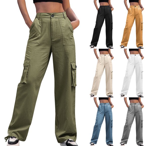 Visit the JURANMO Store Pantalon Cargo Femme Taille Haute Jambe Droite Jogger Randonnée Léger Extensible Entraînement Extérieur avec Multi-Poches Blanc P