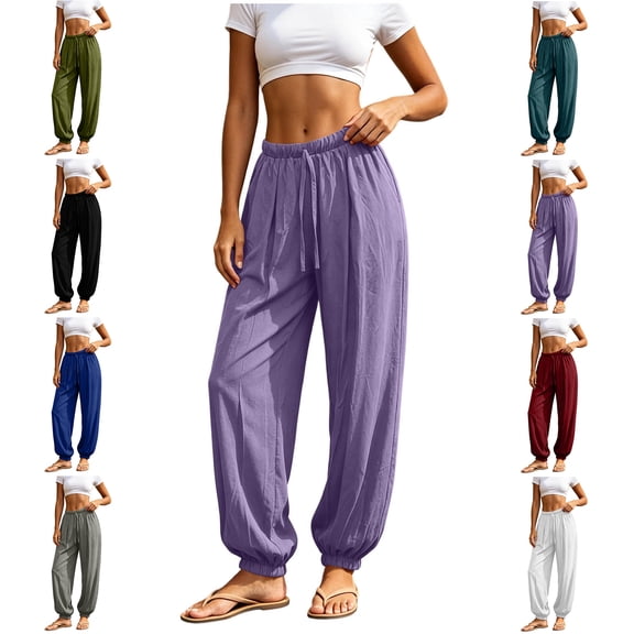 MLCDZ Women's Cotton Linen Summer Drawstring Elastic Waist Palazzo Pants Flowy Wide Leg Loose Fit Lightweight Beach Vacation Trousers with Pockets
