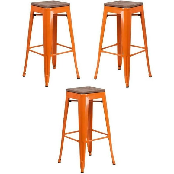Home Square 30" Backless Metal Bar Stool in Orange and Wood Grain - Set of 3