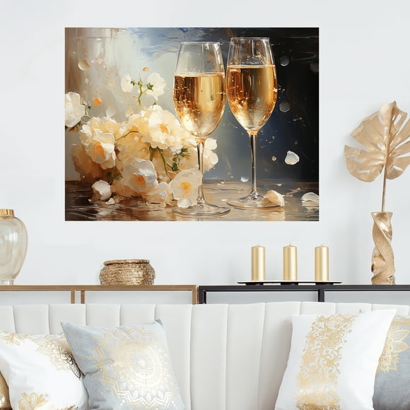 Designart "Bubbles of Gold and White Champagne" Champagne Metal Wall Art, Gold Metal Wall Decor, Traditional Metal Art Decor For Entryway - 32x24 Inch