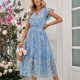 thumbnail image 2 of Vestido largo de las mujeres elegante V cuello ruffle floral impresión rodilla longitud vestido para primavera y verano azul claro M, 2 of 8