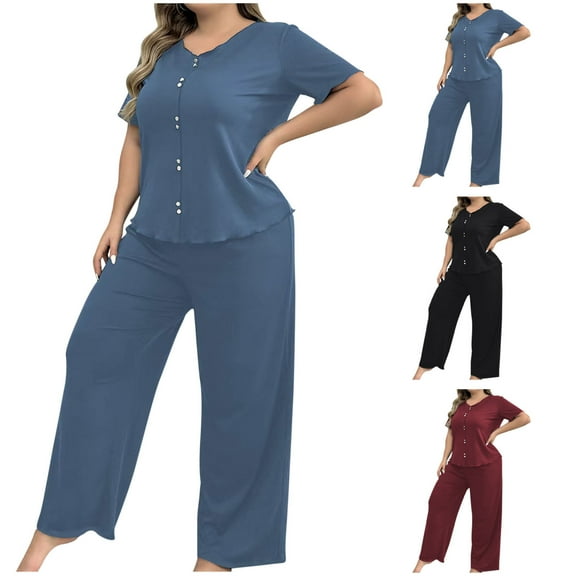 Bovxnpu Womens Plus Size Pajama Sets, 2 Piece Loungewear For Women, Women's Solid Color Collar Short Sleeved Long Pants Casual Home Suit Set Pajama Set XXL