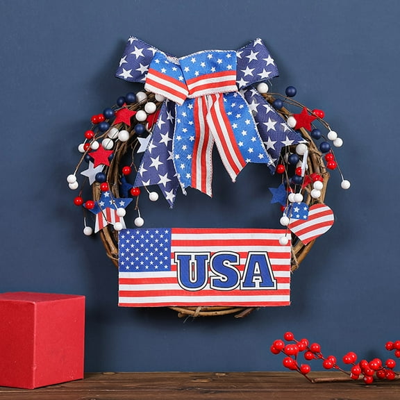 AZXY 4th of July Wreaths for Front Door Patriotic Wreath,Red White and Blue American Flag Independence Day Wreaths,Fourth of July Memorial Day Decorations for Wall Door Decor