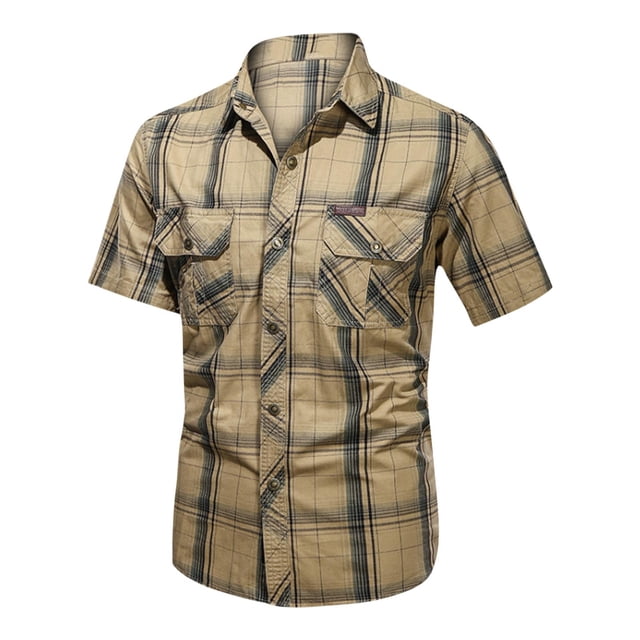 Birdeem Shirts for Men Mens Fashion Casual Solid Color Cargo Pockets Buttons Short Sleeve Turndown Collar Blouse