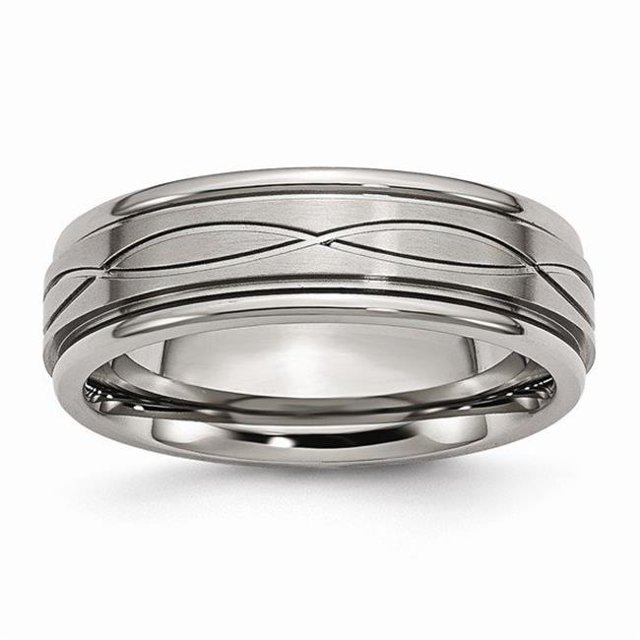 Titanium Polished Criss-cross Design & Brushed Center Ridged Edge Band - Size 8